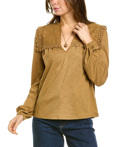 Shop Boden Notch Neck Woven Mix Top In Brown