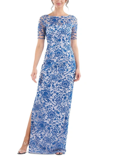 Shop Js Collections Womens Mesh Embroidered Evening Dress In Blue