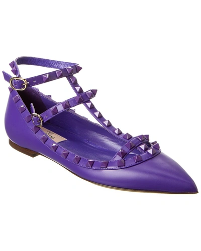 Shop Valentino Rockstud Caged Leather Flat In Purple