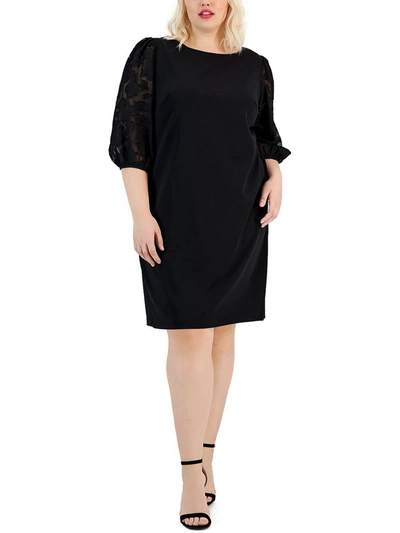 Shop Connected Apparel Plus Womens Burnout Puff Sleeve Shift Dress In Black