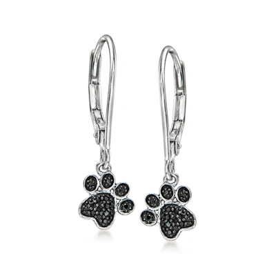 Shop Ross-simons Black Diamond-accented Paw Print Drop Earrings In Sterling Silver
