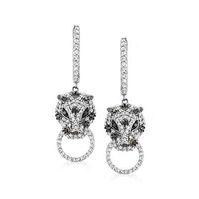 Ross-simons Black And White Diamond Leopard Hoop Drop Earrings In Sterling Silver In Black