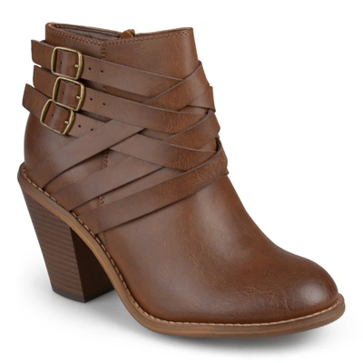 Journee Collection Women's Strap Round Toe Stacked Heel Dress Booties In Brown