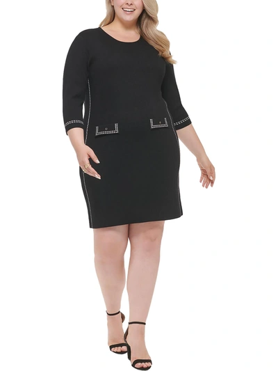 Shop Dkny Plus Womens Contrast Trim Mini Sweaterdress In Black