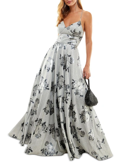 Shop City Studio Juniors Womens Floral Glitter Evening Dress In Grey