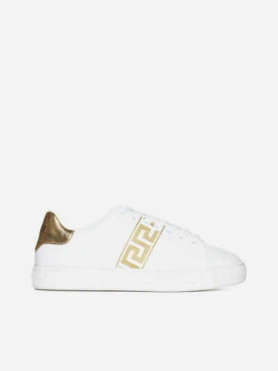 Shop Versace Greca Faux Leather Sneakers In White,gold