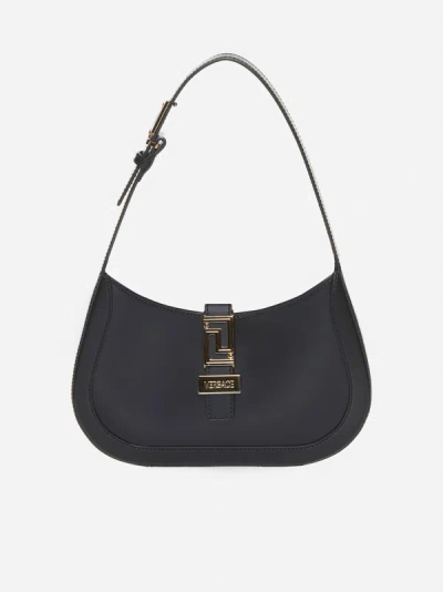 Shop Versace Greca Goddess Leather Small Hobo Bag In Black
