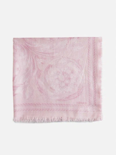 Shop Versace Barocco Wool, Silk And Cashmere Scarf In Pale Pink