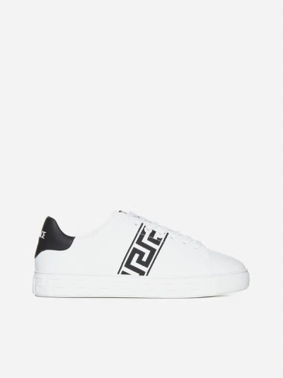 Shop Versace Greca Faux Leather Sneakers In White,black