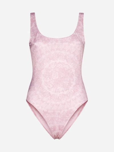 Shop Versace Barocco Print Swimsuit In Pale Pink