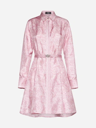 Shop Versace Barocco Print Silk Shirt Dress In Pale Pink