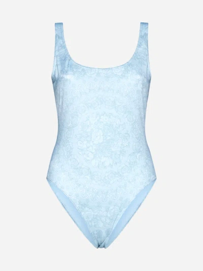 Shop Versace Barocco Print Swimsuit In Pale Blue