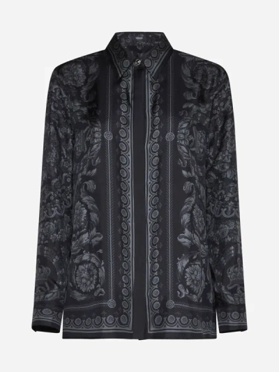 Shop Versace Barocco Print Silk Shirt In Black