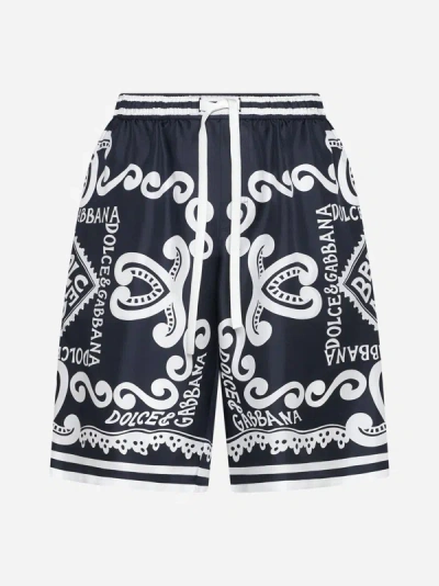 Shop Dolce & Gabbana Marina Print Silk Shorts In Navy Blue,white