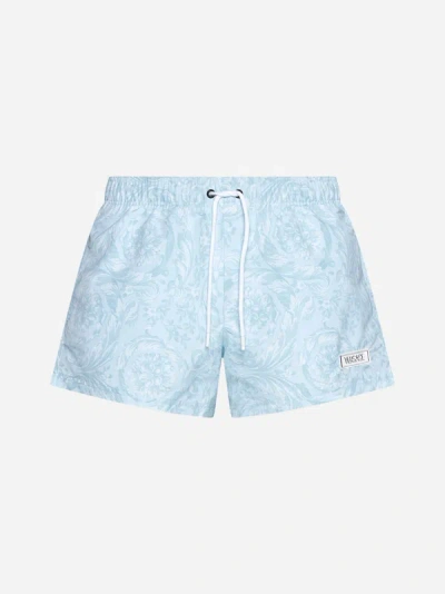 Shop Versace Barocco Print Swim Shorts In Pale Blue