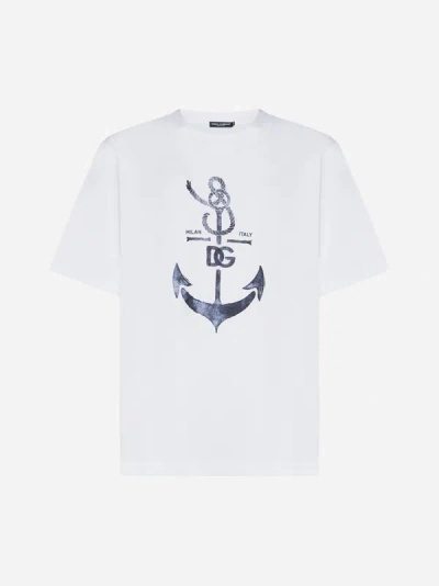 Shop Dolce & Gabbana Logo And Print Cotton T-shirt In Optic White