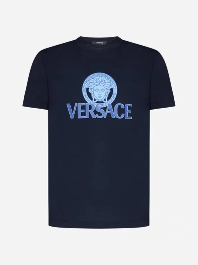 Shop Versace Logo Cotton T-shirt In Navy Blue