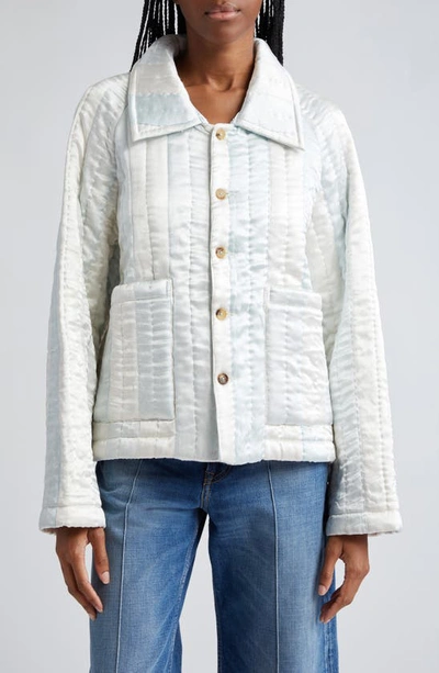 Shop Bode Banker Stripe Quilted Satin Jacket In White Blue