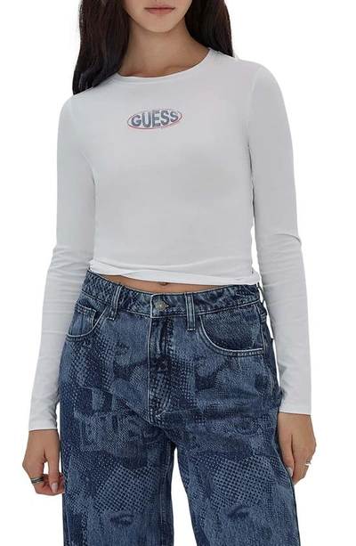 Shop Guess Originals Go Logo Long Sleeve Cotton Graphic T-shirt In White