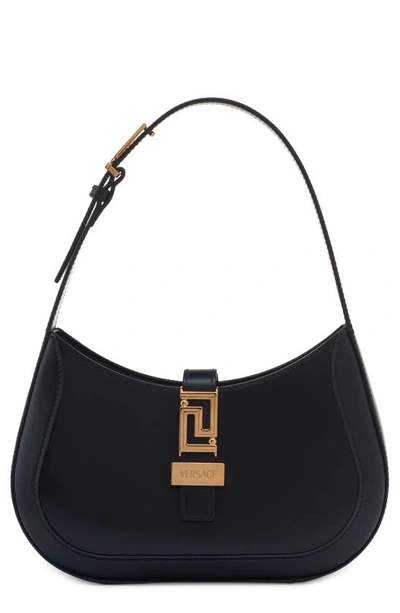 Shop Versace Small Greca Leather Hobo Bag In Black/  Gold