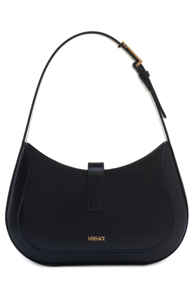 Shop Versace Small Greca Leather Hobo Bag In Black/  Gold