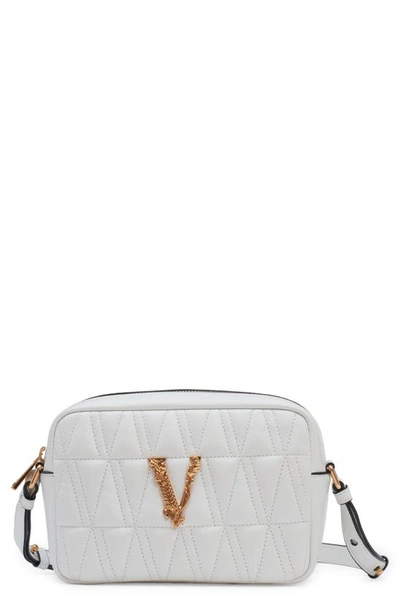 Shop Versace Virtus Quilted Leather Camera Bag In Optical White/  Gold
