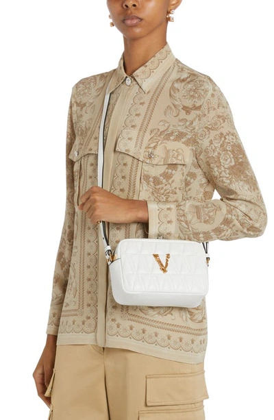 Shop Versace Virtus Quilted Leather Camera Bag In Optical White/  Gold