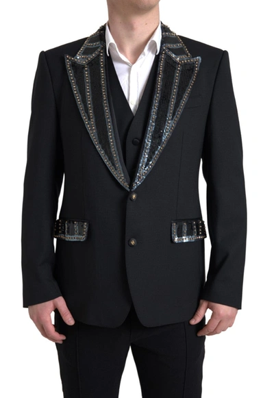 Shop Dolce & Gabbana Black Embellished Wool 2 Piece Sicilia Suit