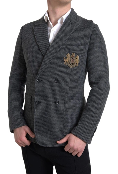 Shop Dolce & Gabbana Gray Logo Embroidery Double Breasted Blazer