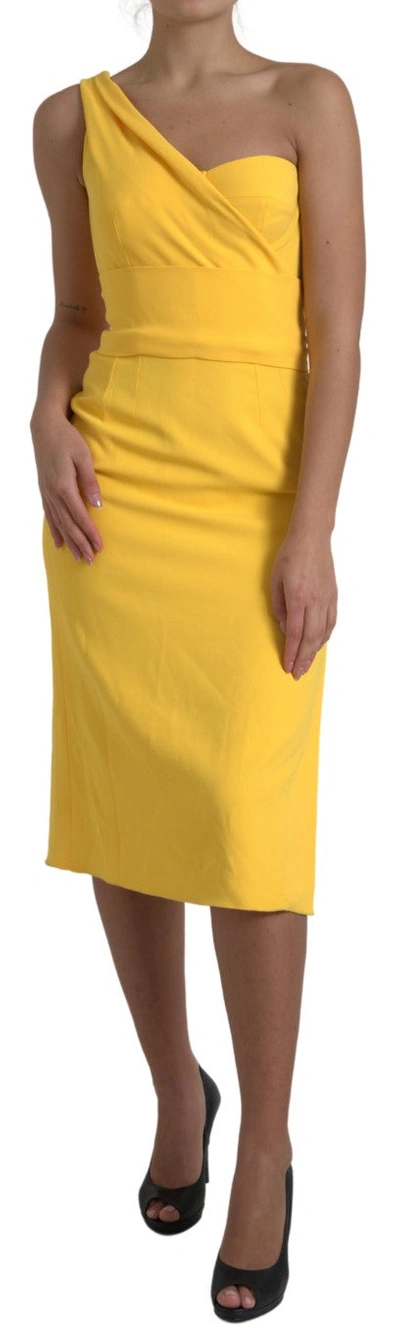 Shop Dolce & Gabbana Yellow One Shoulder Side Slit Midi Dress