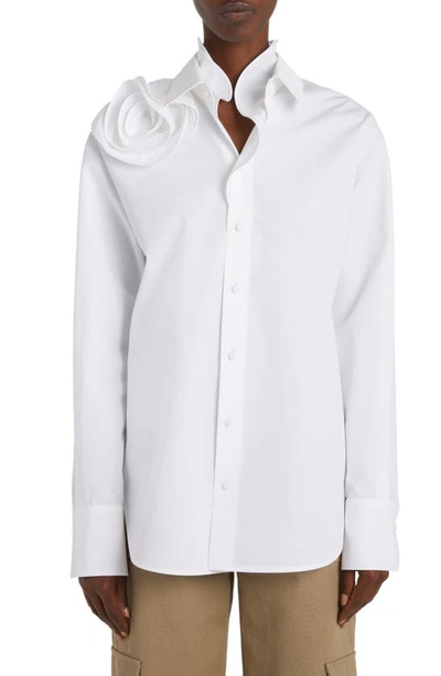 Shop Valentino Rose Detail Cotton Button-up Shirt In Bianco Ottico