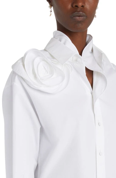 Shop Valentino Garavani Rose Detail Cotton Button-up Shirt In Bianco Ottico