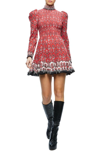Shop Alice And Olivia Elvira Smocked Long Sleeve Dress In Allure Medallion Perfect Ruby