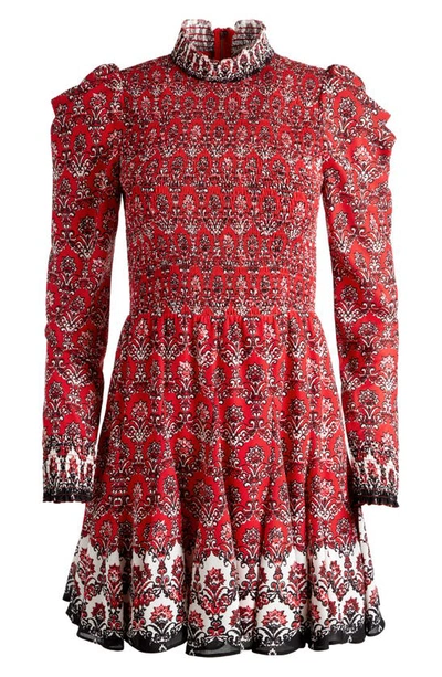 Shop Alice And Olivia Elvira Smocked Long Sleeve Dress In Allure Medallion Perfect Ruby