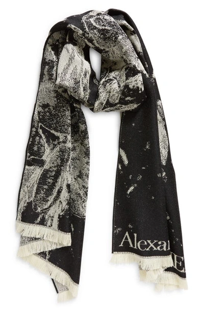 Shop Alexander Mcqueen Flower Skull Wool Scarf In Black/ Ivory