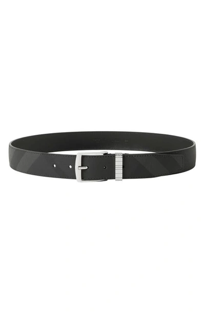Shop Burberry Check Print Textured Belt In Charcoal/ Silver
