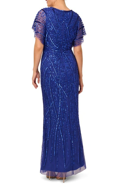 Adrianna Papell Beaded Sequin Surplice Trumpet Gown In Ultra Blue