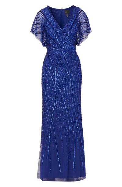Adrianna Papell Beaded Sequin Surplice Trumpet Gown In Ultra Blue