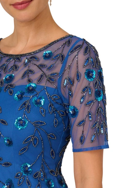 Shop Adrianna Papell Floral Beaded Cocktail Dress In Blue Horizon