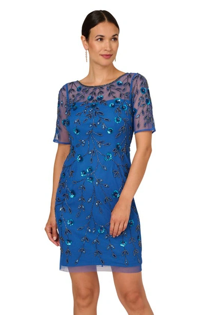 Shop Adrianna Papell Floral Beaded Cocktail Dress In Blue Horizon