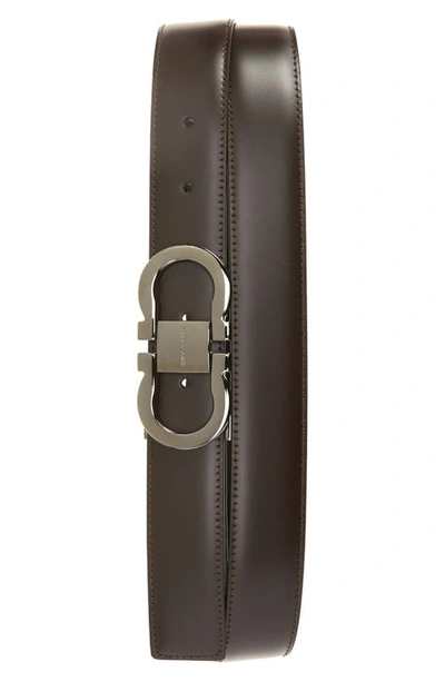 Shop Ferragamo Double Gancio Calfskin Leather Belt In Hickory Nero