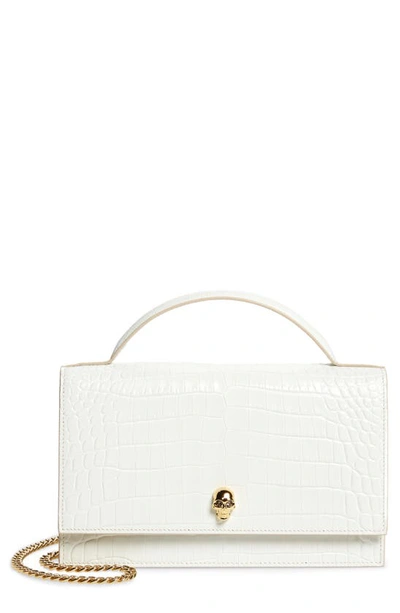 Shop Alexander Mcqueen Medium Skull Croc Embossed Leather Crossbody Bag In Deep Ivory