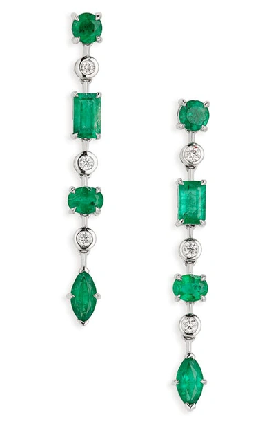 Shop Valani Atelier Floating Emerald & Diamond Linear Earrings In White Gold/ Emerald/ Diamond