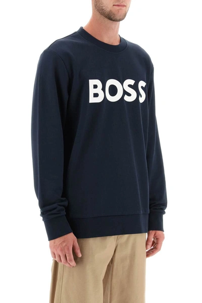 Shop Hugo Boss Boss Logo Print Sweatshirt In Blue