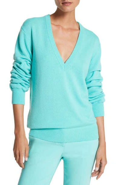 Shop Michael Kors Ruched Sleeve Cashmere V-neck Sweater In Seafoam