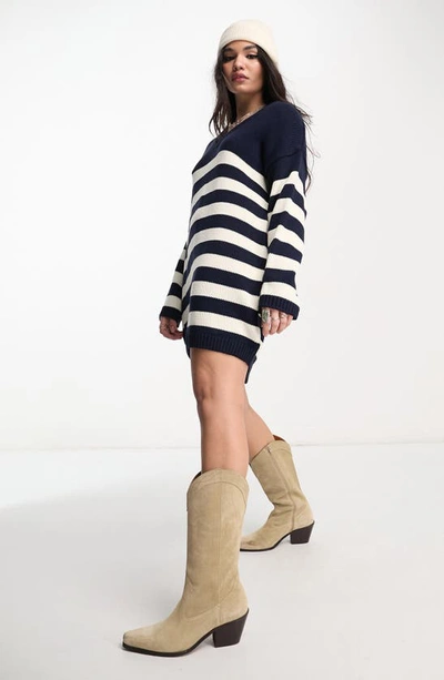 Shop Asos Design Stripe Sweater Dress In Navy Multi