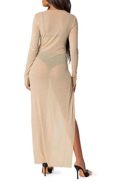 Shop Edikted Glitter Long Sleeve Mesh Maxi Dress In Champagne
