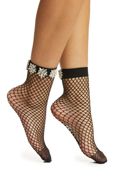 Shop High Heel Jungle Crystal Couture Fishnet Crew Socks In Black