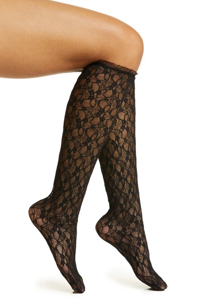 Shop High Heel Jungle Lace Knee High Socks In Black