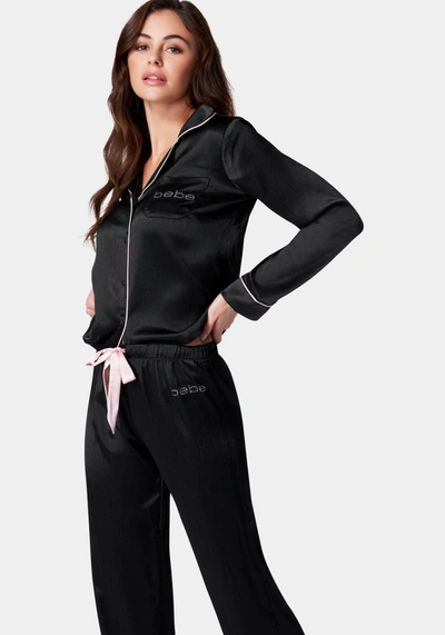 Shop Bebe Luxury Textured Charmeuse Pajama Set In Black